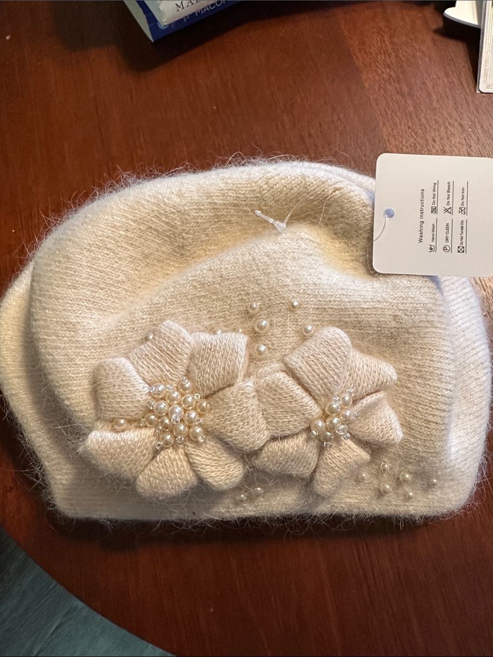 Cream Pearl Floral Knit Beret - Women's Hat